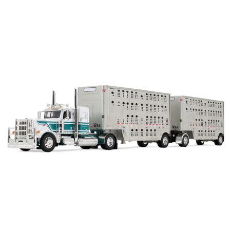 60-2343 White/Teal Peterbilt 389 w/Double Livestock Trailers